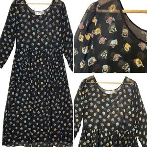 VINTAGE One Size Sheer Teapot Dress Maxi Long Sleeves Scoop Neck Black Blue +